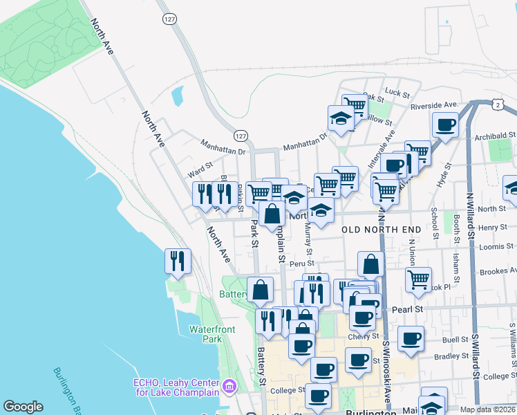 map of restaurants, bars, coffee shops, grocery stores, and more near 175 Park Street in Burlington