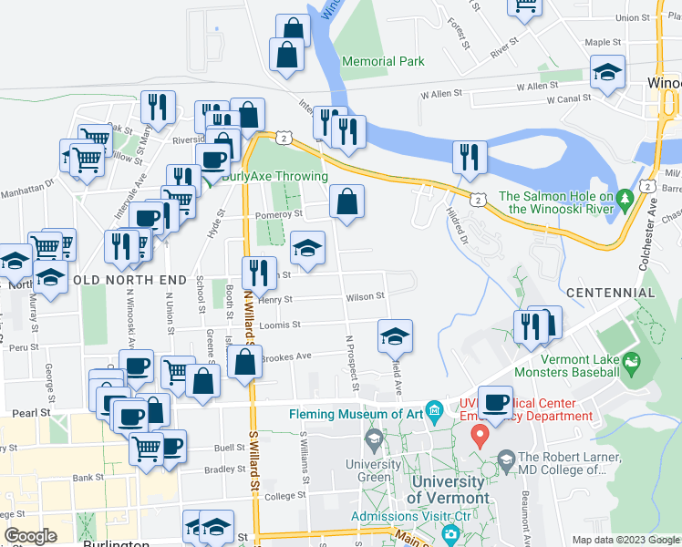 map of restaurants, bars, coffee shops, grocery stores, and more near North Prospect Street in Burlington
