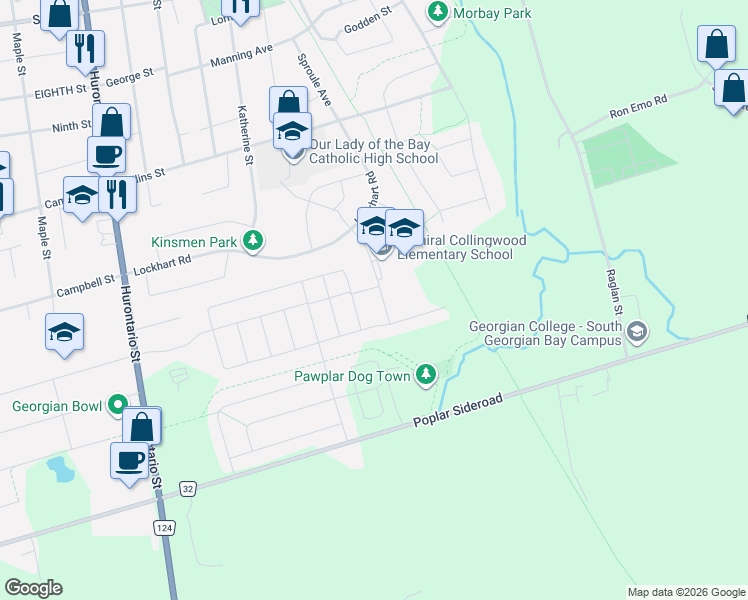 map of restaurants, bars, coffee shops, grocery stores, and more near 32 Dey Drive in Collingwood