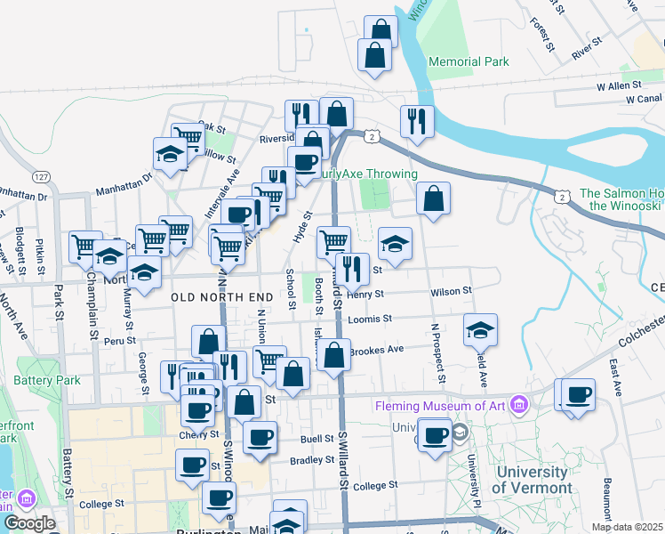 map of restaurants, bars, coffee shops, grocery stores, and more near 159 North Willard Street in Burlington