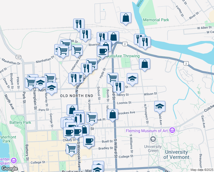 map of restaurants, bars, coffee shops, grocery stores, and more near 36 Hyde Street in Burlington