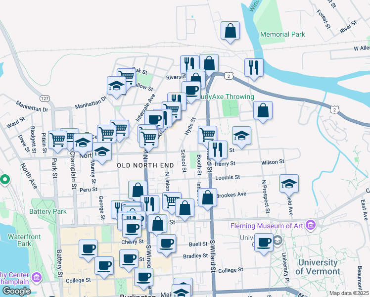 map of restaurants, bars, coffee shops, grocery stores, and more near 36 Hyde Street in Burlington