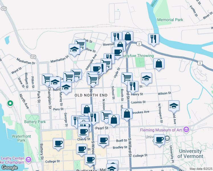 map of restaurants, bars, coffee shops, grocery stores, and more near 29 Hyde Street in Burlington