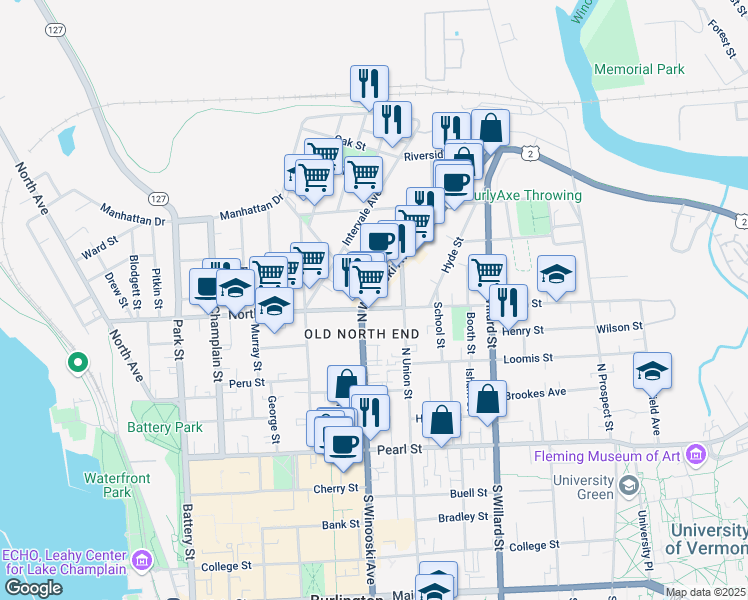 map of restaurants, bars, coffee shops, grocery stores, and more near 186 North Winooski Avenue in Burlington
