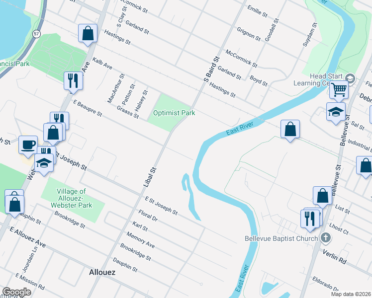 map of restaurants, bars, coffee shops, grocery stores, and more near 521 Beaupre Street in Green Bay