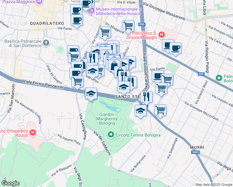 map of restaurants, bars, coffee shops, grocery stores, and more near 6 Piazza del Baraccano in Bologna