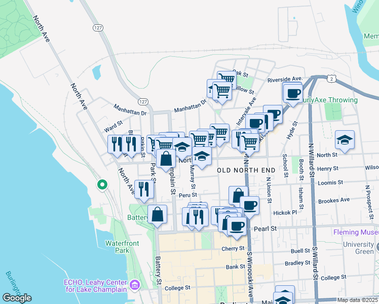 map of restaurants, bars, coffee shops, grocery stores, and more near 16 Rose Street in Burlington