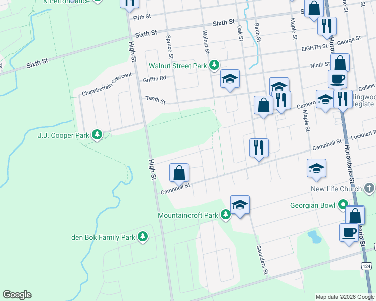 map of restaurants, bars, coffee shops, grocery stores, and more near 33 Telfer Road in Collingwood