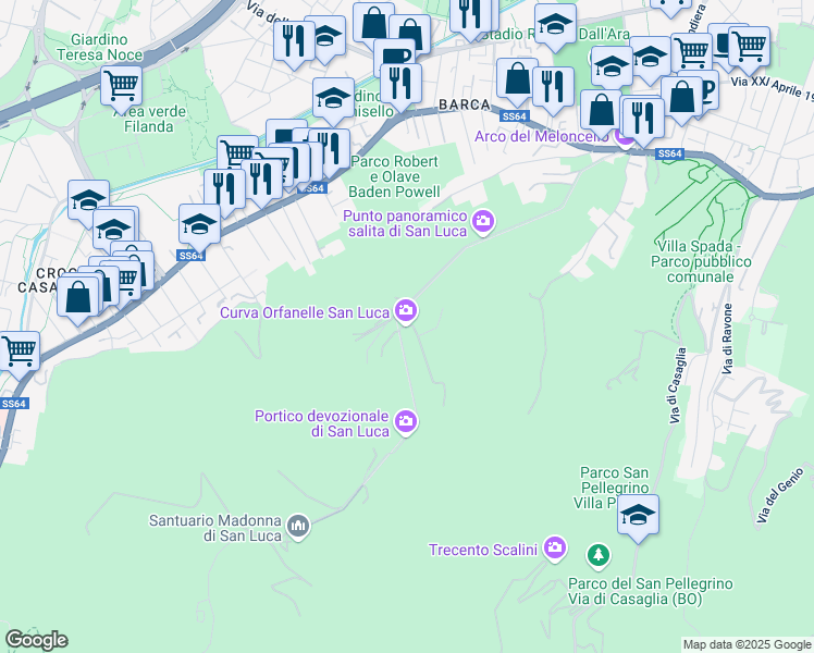 map of restaurants, bars, coffee shops, grocery stores, and more near 484 Via di San Luca in Bologna