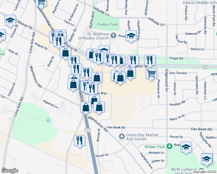 map of restaurants, bars, coffee shops, grocery stores, and more near 2300 East Mason Street in Green Bay