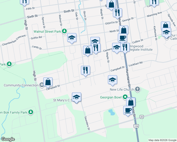 map of restaurants, bars, coffee shops, grocery stores, and more near 26 Dickson Road in Collingwood