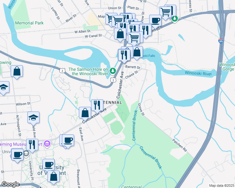 map of restaurants, bars, coffee shops, grocery stores, and more near 114 Riverside Avenue in Burlington