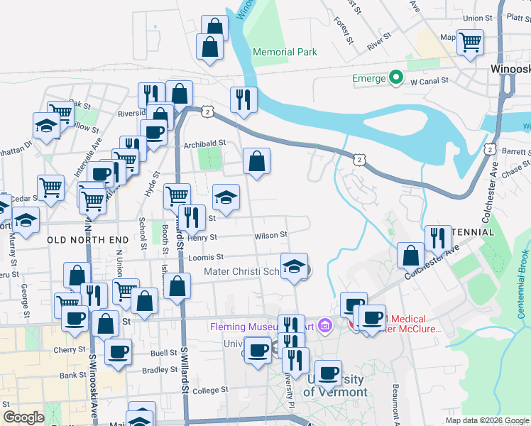 map of restaurants, bars, coffee shops, grocery stores, and more near 33 Prospect Hill in Burlington