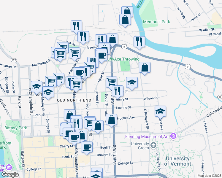 map of restaurants, bars, coffee shops, grocery stores, and more near 159 North Willard Street in Burlington
