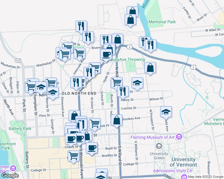 map of restaurants, bars, coffee shops, grocery stores, and more near 159 North Willard Street in Burlington