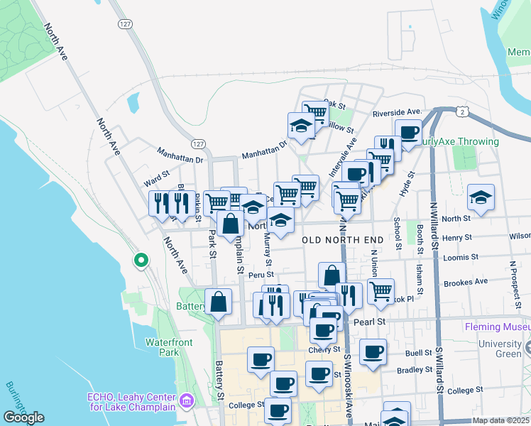map of restaurants, bars, coffee shops, grocery stores, and more near 122 North Street in Burlington