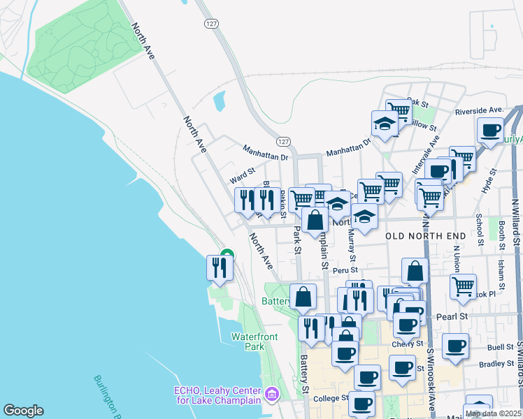 map of restaurants, bars, coffee shops, grocery stores, and more near 36 Blodgett Street in Burlington