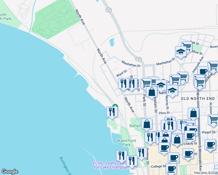 map of restaurants, bars, coffee shops, grocery stores, and more near 60 Lakeview Terrace in Burlington