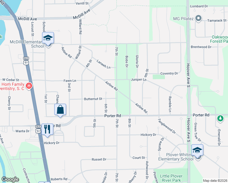 map of restaurants, bars, coffee shops, grocery stores, and more near 741 Airline Road in Plover