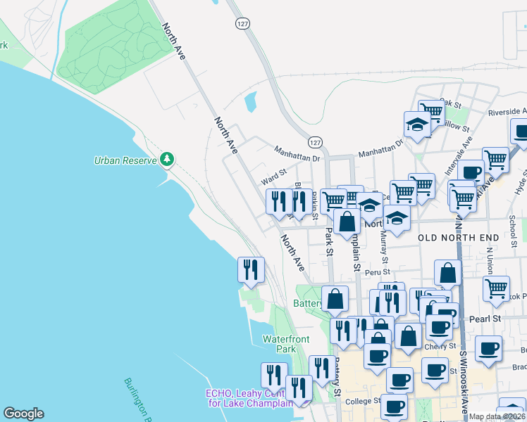 map of restaurants, bars, coffee shops, grocery stores, and more near 60 Lakeview Terrace in Burlington