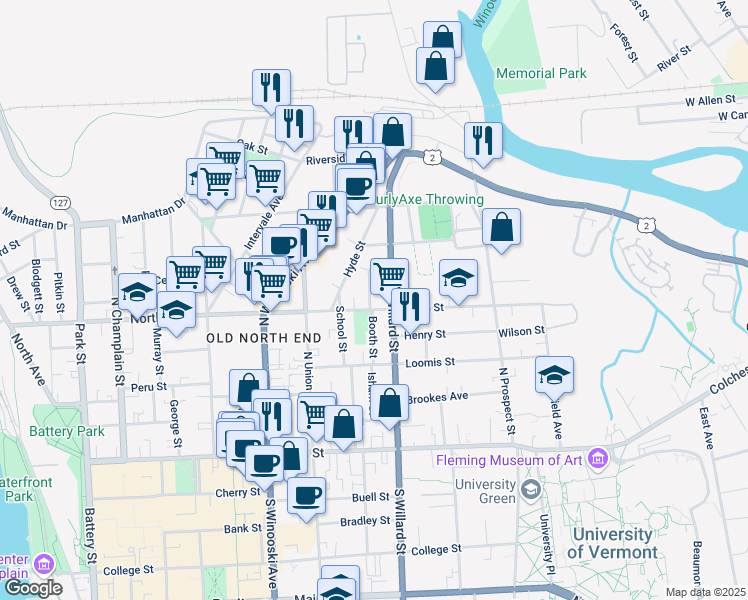 map of restaurants, bars, coffee shops, grocery stores, and more near 10 Russell Street in Burlington