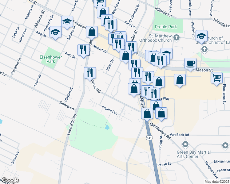 map of restaurants, bars, coffee shops, grocery stores, and more near 2129 Manitowoc Road in Green Bay