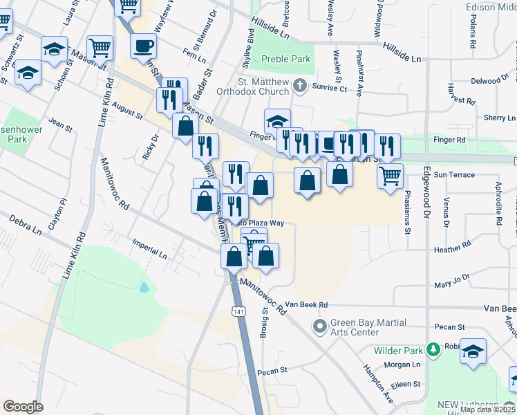 map of restaurants, bars, coffee shops, grocery stores, and more near 2280 East Mason Street in Green Bay
