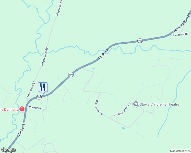 map of restaurants, bars, coffee shops, grocery stores, and more near 83 Mansfield View Road in Stowe