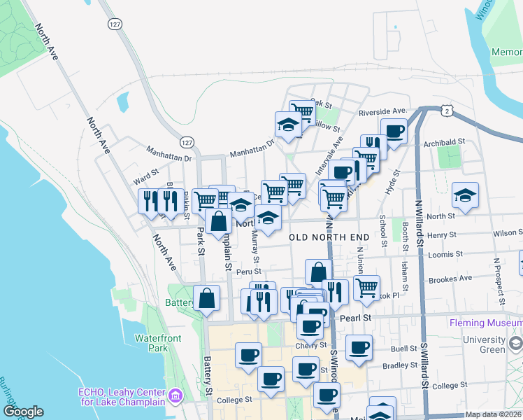 map of restaurants, bars, coffee shops, grocery stores, and more near 160 North Street in Burlington