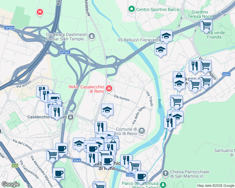 map of restaurants, bars, coffee shops, grocery stores, and more near 8 Via Isonzo in Casalecchio di Reno