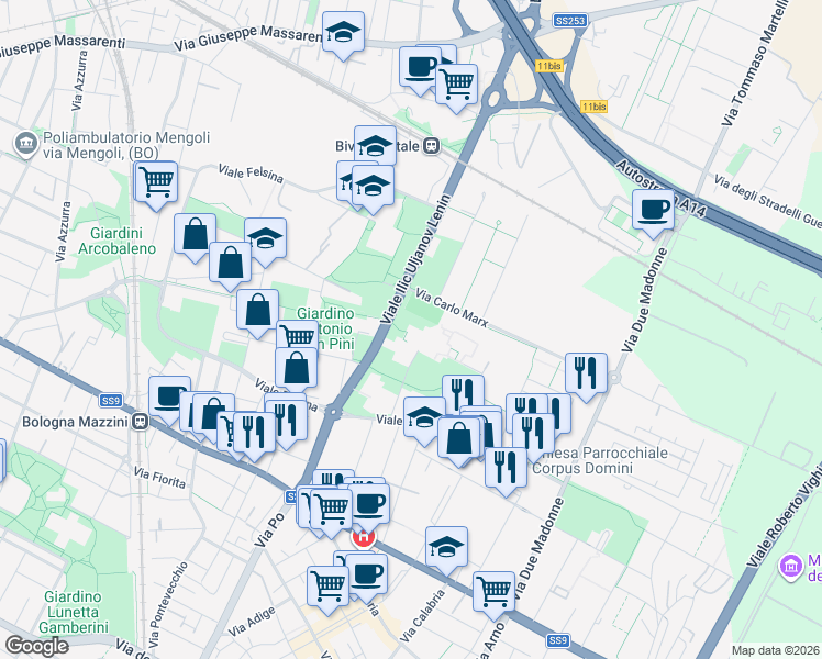 map of restaurants, bars, coffee shops, grocery stores, and more near in Bologna