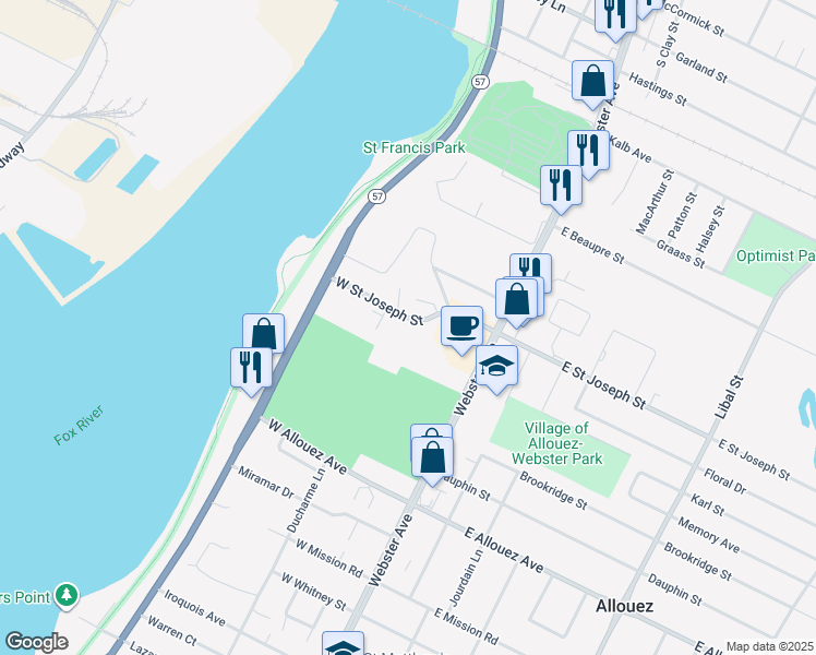 map of restaurants, bars, coffee shops, grocery stores, and more near 11 West Saint Joseph Street in Allouez