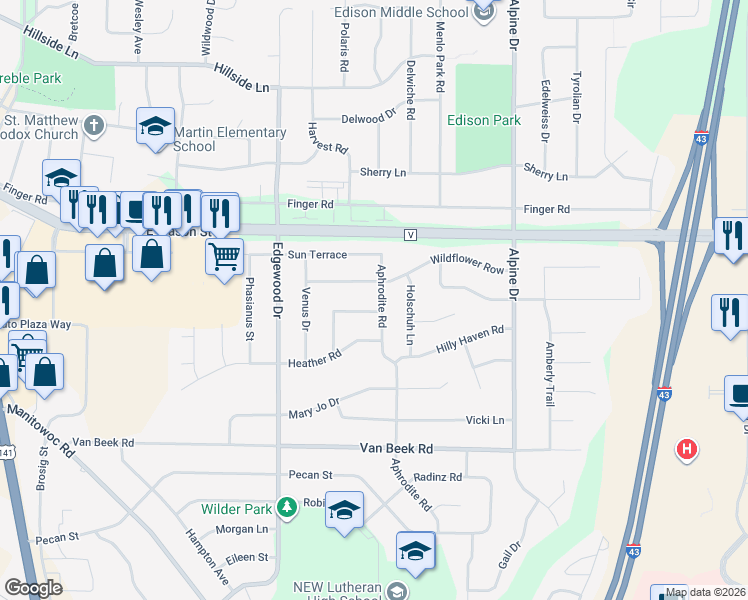 map of restaurants, bars, coffee shops, grocery stores, and more near 840 Aphrodite Road in Green Bay