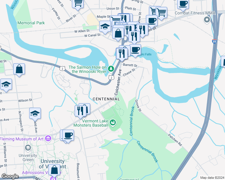 map of restaurants, bars, coffee shops, grocery stores, and more near 114 Riverside Avenue in Burlington