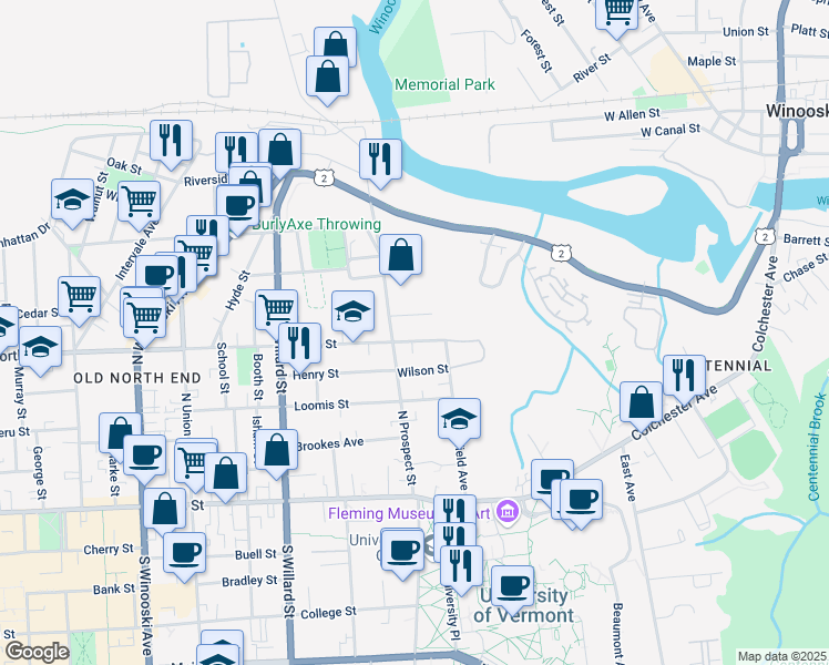 map of restaurants, bars, coffee shops, grocery stores, and more near 33 Prospect Hill in Burlington