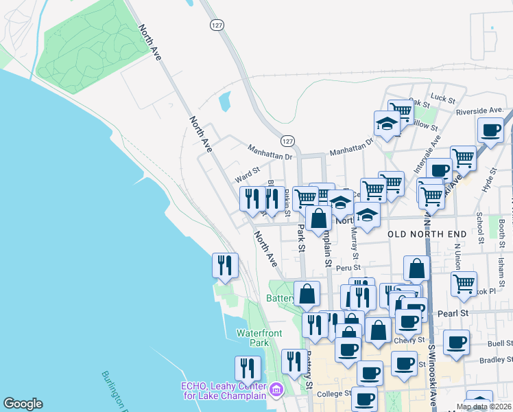 map of restaurants, bars, coffee shops, grocery stores, and more near 47 Drew Street in Burlington