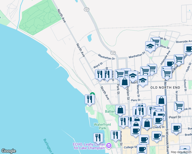map of restaurants, bars, coffee shops, grocery stores, and more near 47 Drew Street in Burlington