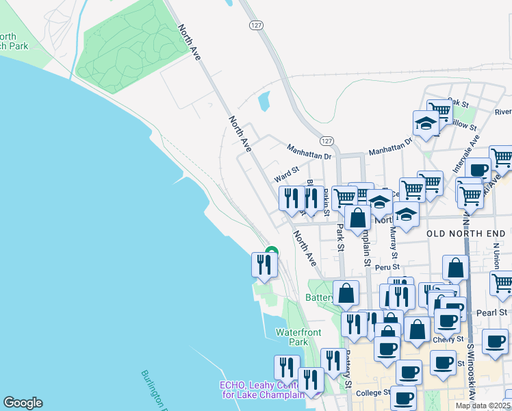 map of restaurants, bars, coffee shops, grocery stores, and more near 60 Lakeview Terrace in Burlington
