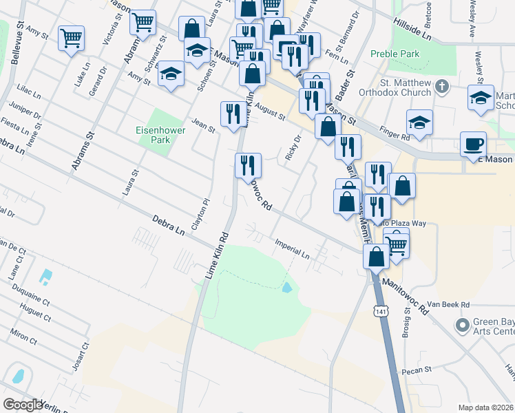 map of restaurants, bars, coffee shops, grocery stores, and more near 2044 Manitowoc Road in Green Bay