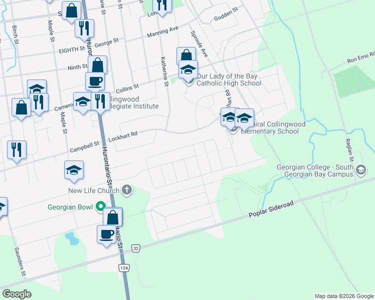 map of restaurants, bars, coffee shops, grocery stores, and more near 48 McLean Avenue in Collingwood