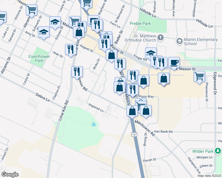 map of restaurants, bars, coffee shops, grocery stores, and more near 2201 Manitowoc Road in Green Bay