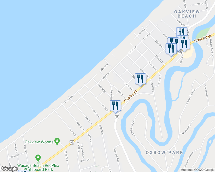 map of restaurants, bars, coffee shops, grocery stores, and more near 70 Sunnidale Road North in Wasaga Beach