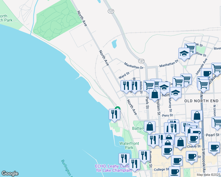 map of restaurants, bars, coffee shops, grocery stores, and more near 60 Lakeview Terrace in Burlington