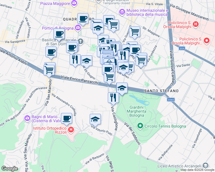 map of restaurants, bars, coffee shops, grocery stores, and more near 1 Viale Enrico Panzacchi in Bologna