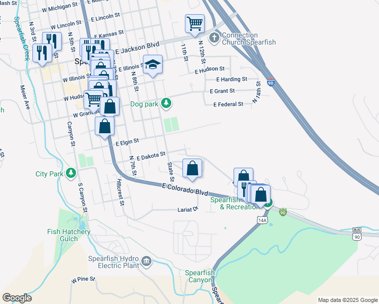 map of restaurants, bars, coffee shops, grocery stores, and more near 240 North 10th Street in Spearfish