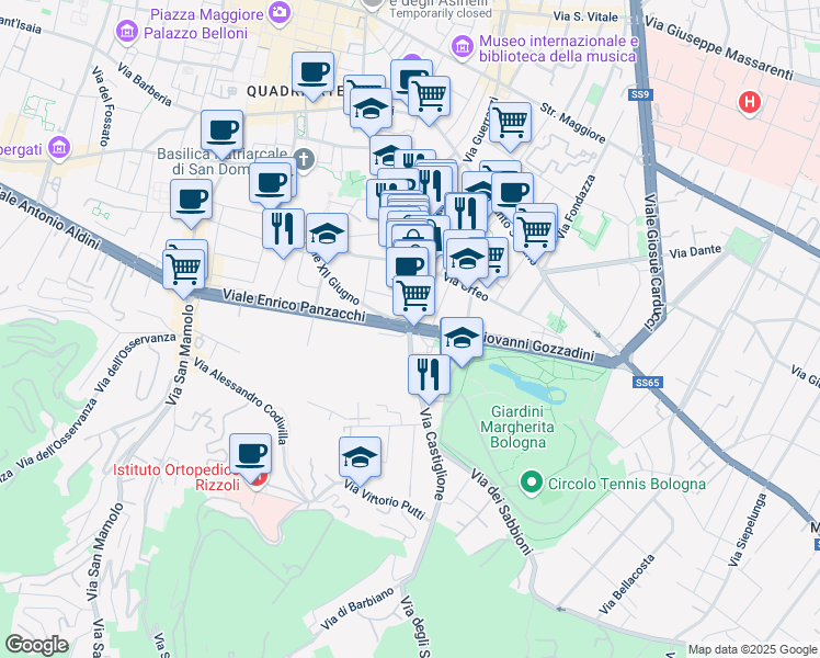 map of restaurants, bars, coffee shops, grocery stores, and more near 1 Viale Enrico Panzacchi in Bologna