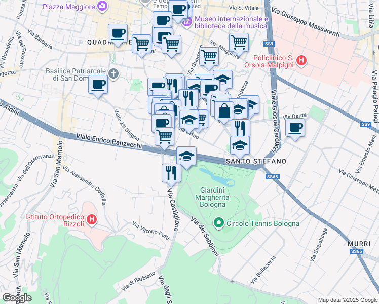 map of restaurants, bars, coffee shops, grocery stores, and more near 12 Via Giovanni Pascoli in Bologna