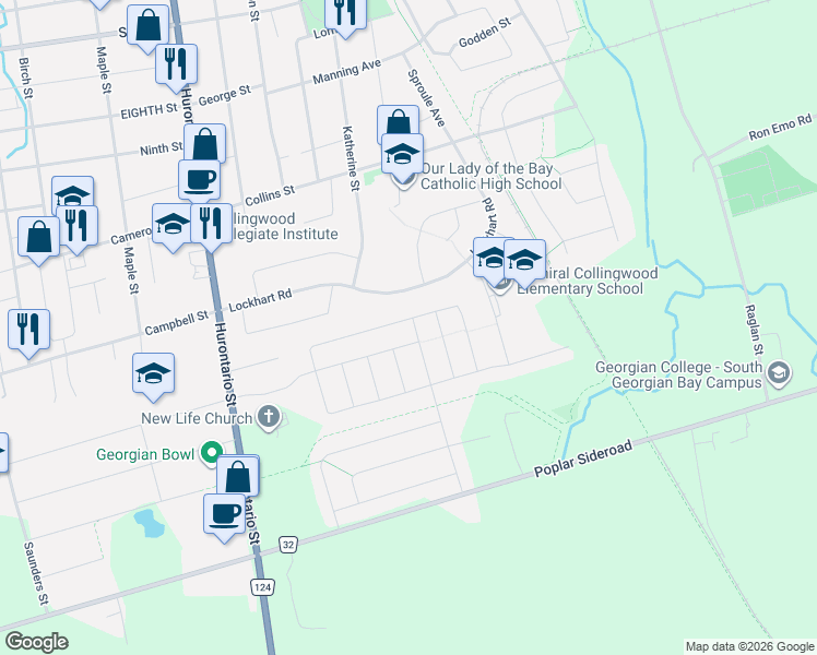 map of restaurants, bars, coffee shops, grocery stores, and more near 66 Portland Street in Collingwood