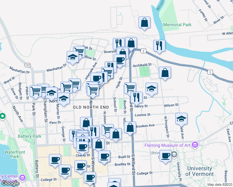 map of restaurants, bars, coffee shops, grocery stores, and more near 36 Hyde Street in Burlington