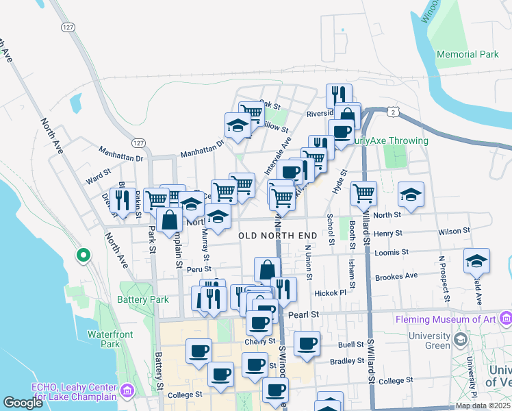 map of restaurants, bars, coffee shops, grocery stores, and more near 176 Elmwood Avenue in Burlington